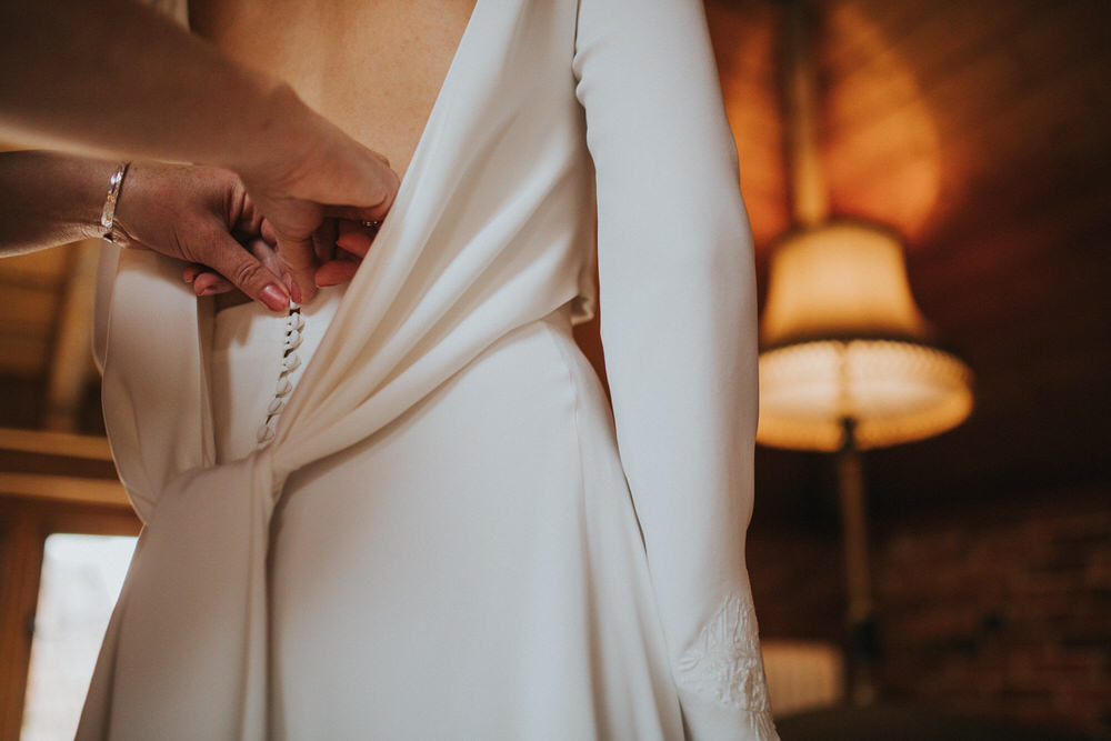 Dress Gown Bride Bridal Amy Mair Couture Two Piece Open Back Sleek Modern Pennard Hill Farm Wedding MT Studio