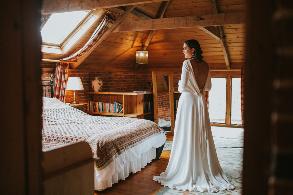 Dress Gown Bride Bridal Amy Mair Couture Two Piece Open Back Sleek Modern Pennard Hill Farm Wedding MT Studio