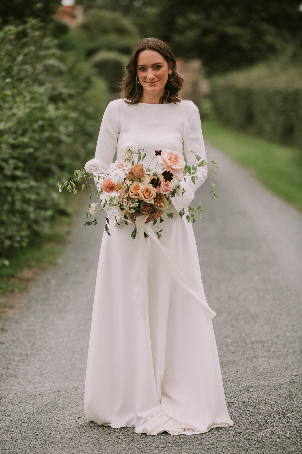 Dress Gown Bride Bridal Amy Mair Couture Two Piece Open Back Sleek Modern Pennard Hill Farm Wedding MT Studio