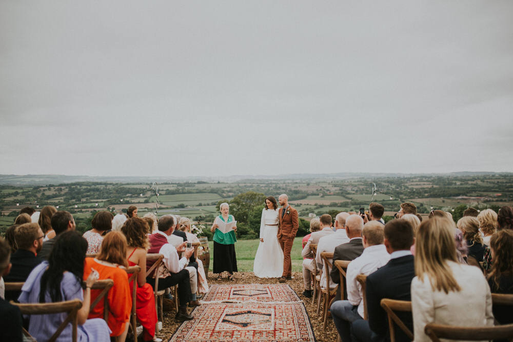 Outdoor Ceremony Rug Aisle Cross Back Chairs Pennard Hill Farm Wedding MT Studio