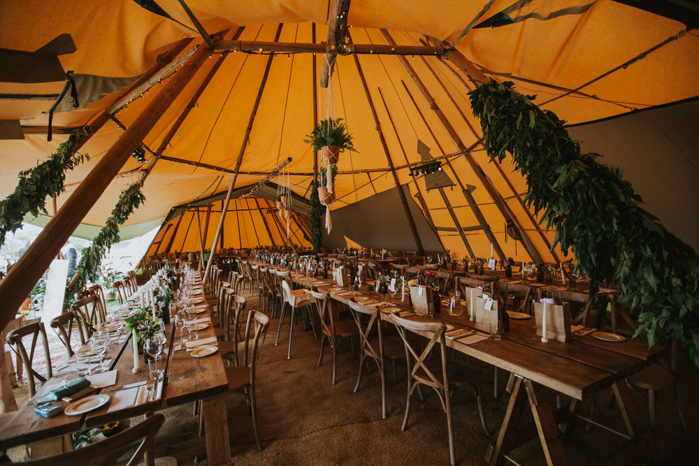 Tipi Decor Long Tables Fairy Lights Lighting Pennard Hill Farm Wedding MT Studio