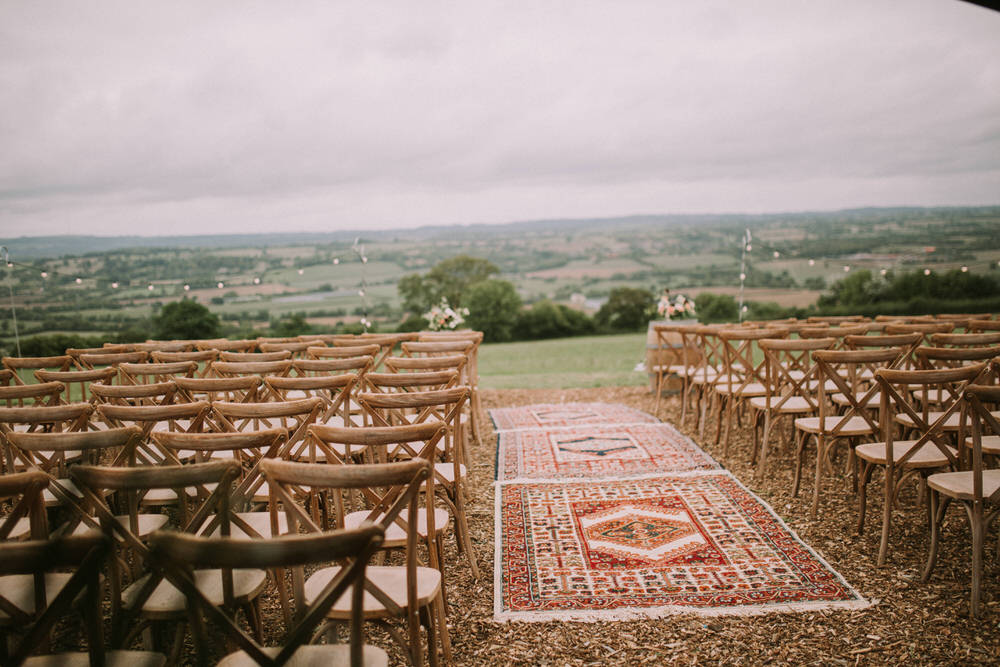 Outdoor Ceremony Rug Aisle Cross Back Chairs Pennard Hill Farm Wedding MT Studio