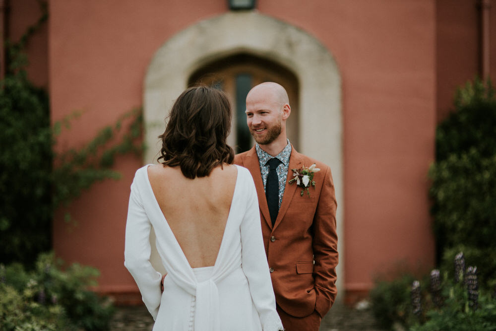 Dress Gown Bride Bridal Amy Mair Couture Two Piece Open Back Sleek Modern Pennard Hill Farm Wedding MT Studio