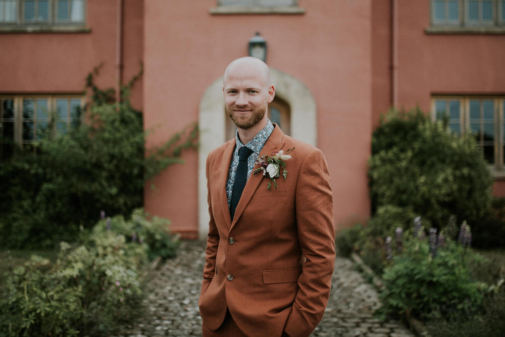 Groom Suit Rust Print Shirt Tie Buttonhole Flowers Pennard Hill Farm Wedding MT Studio