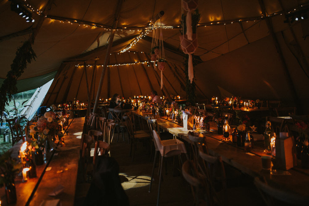 Tipi Decor Long Tables Fairy Lights Lighting Pennard Hill Farm Wedding MT Studio