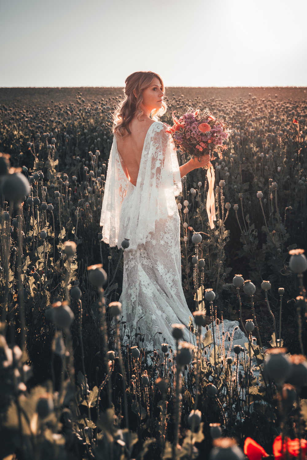 Dress Gown Bride Bridal Lace Sleeves Lillian West Boho Bohemian Poppy Field Wedding NT Creatives