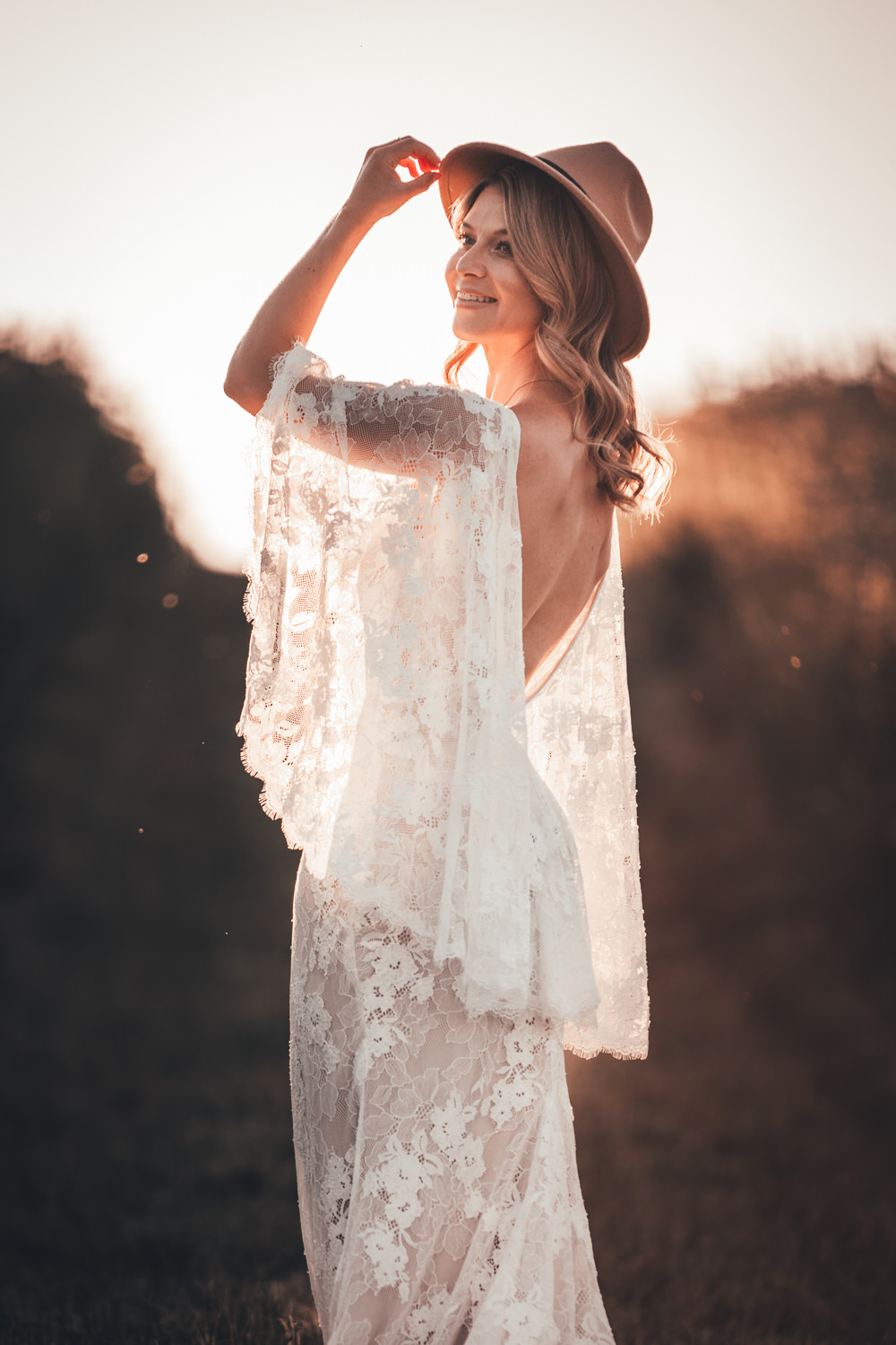 Bride Bridal Hat Fedora Dress Gown Bride Bridal Lace Sleeves Lillian West Boho Bohemian Poppy Field Wedding NT Creatives