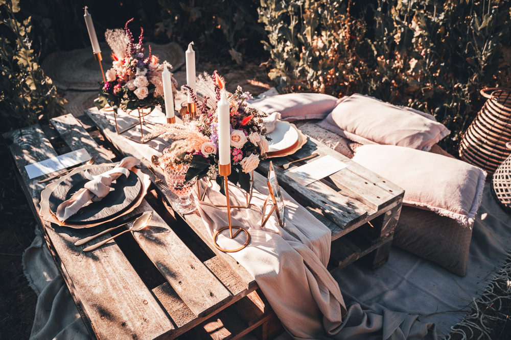 Wooden Pallet Table Tablescape Decor Flowers Candles Rustic Poppy Field Wedding NT Creatives