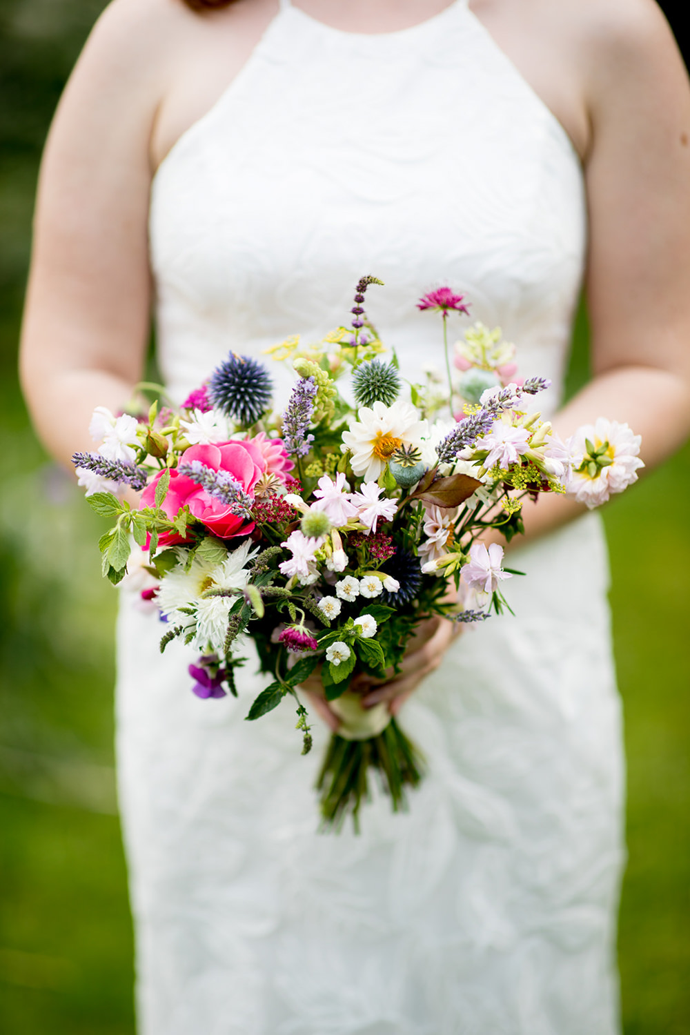 Bouquet Flowers Bride Bridal Daisy Thistle Dahlia Pythouse Kitchen Garden Wedding Jessica Hayman Photography