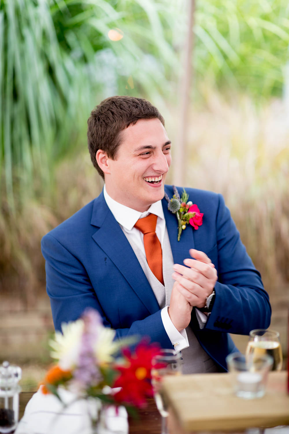 Groom Suit Navy Orange Tie Pythouse Kitchen Garden Wedding Jessica Hayman Photography