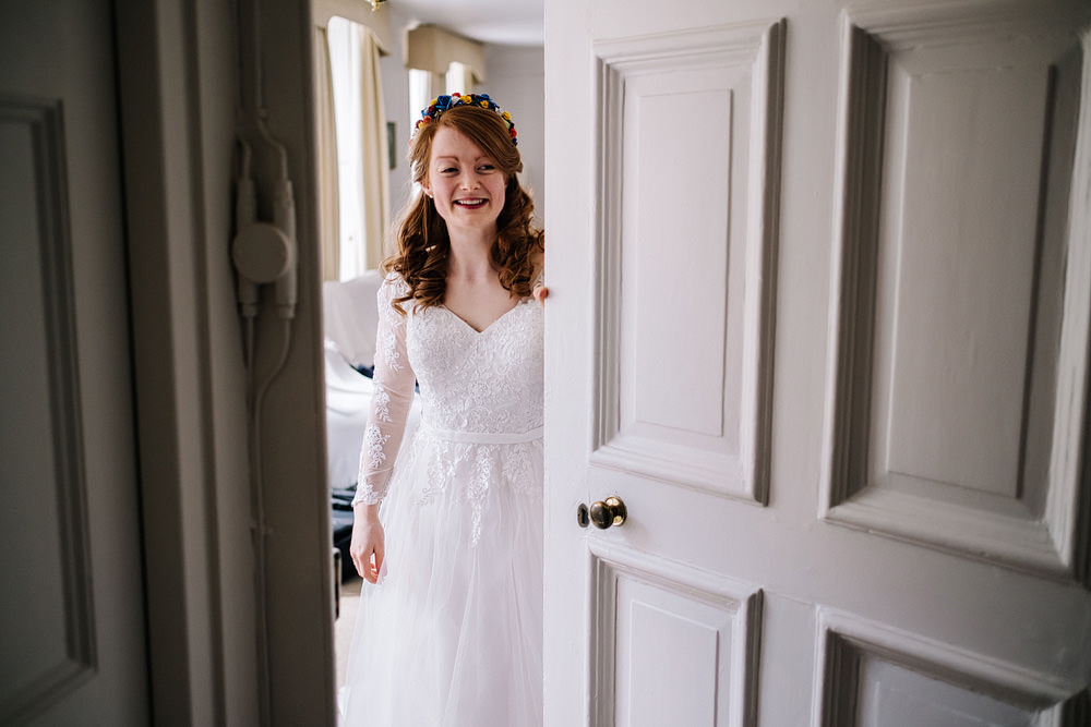 Dress Gown Bride Bridal Lace Sleeves David’s Bridal Royal Hospital Chelsea Wedding Kristian Leven Photography