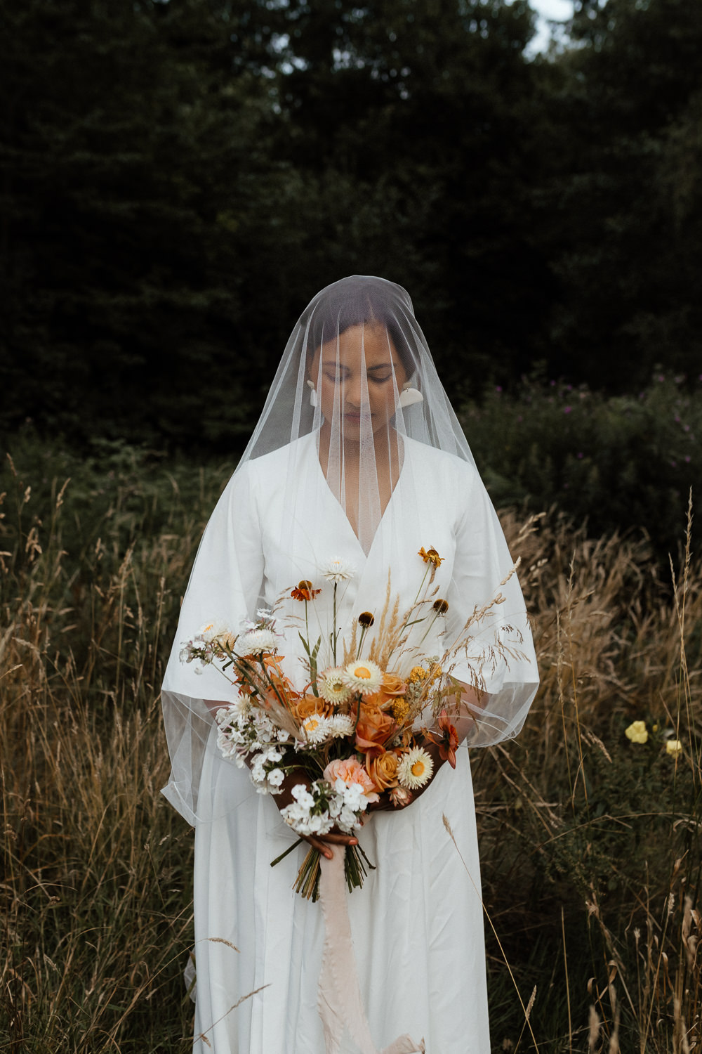 Small Wedding Ideas UK Caitlin and Jones Dress Gown Bride Bridal Boho Bohemian Bell Sleeves Veil Earrings