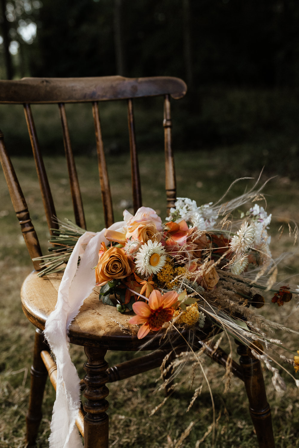 Bouquet Flowers Bride Bridal Grasses Rose Orange Peach Ribbon Small Wedding Ideas UK Caitlin and Jones
