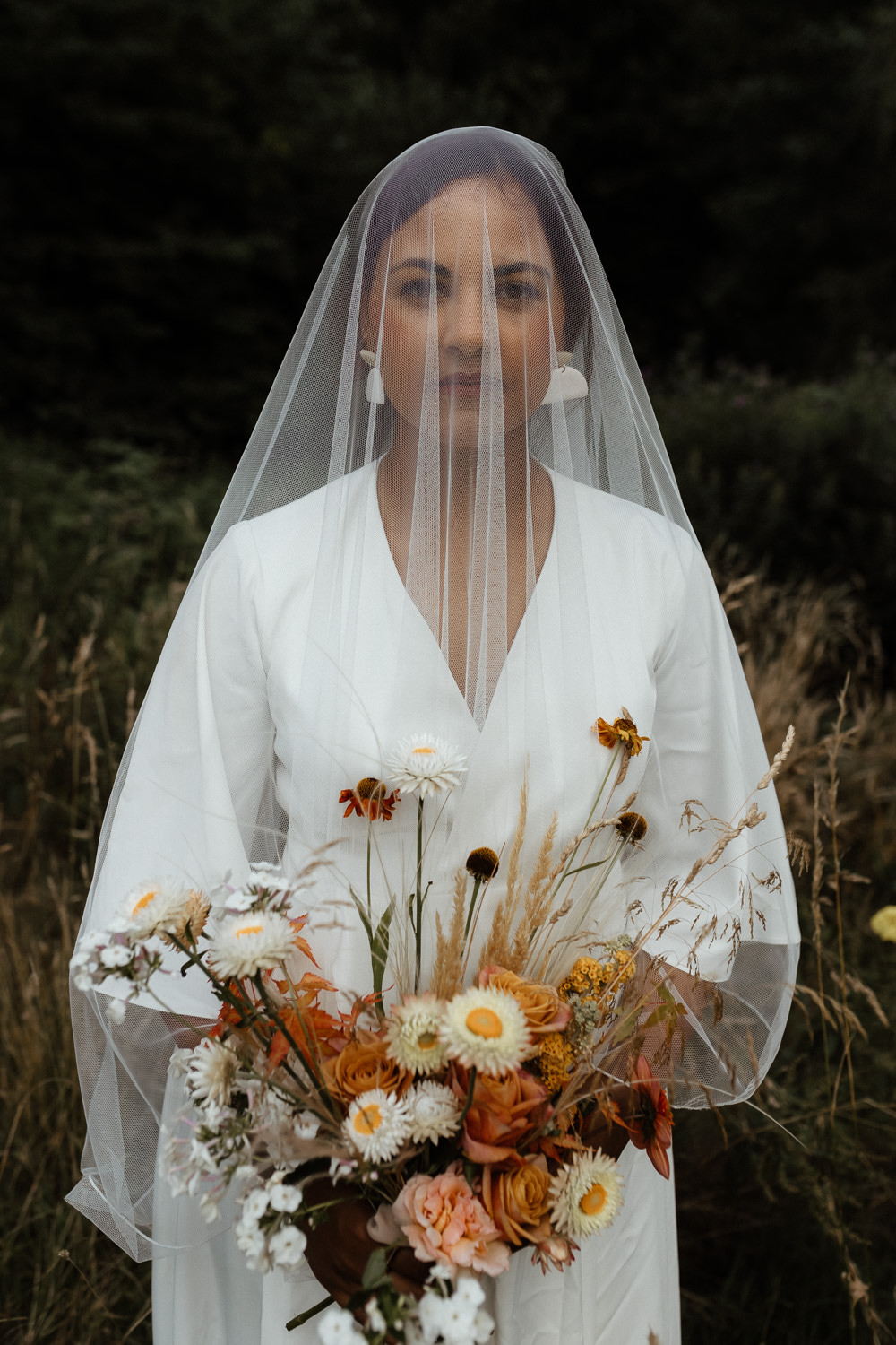 Small Wedding Ideas UK Caitlin and Jones Dress Gown Bride Bridal Boho Bohemian Bell Sleeves Veil Earrings