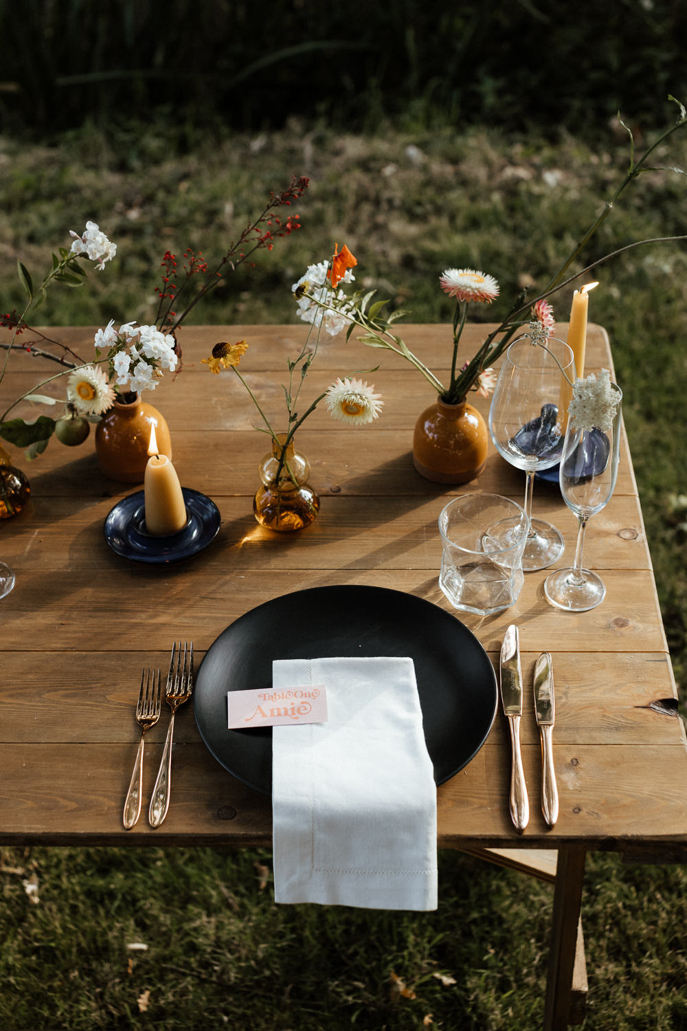 Place Setting Black Plate Stationery Flowers Small Wedding Ideas UK Caitlin and Jones