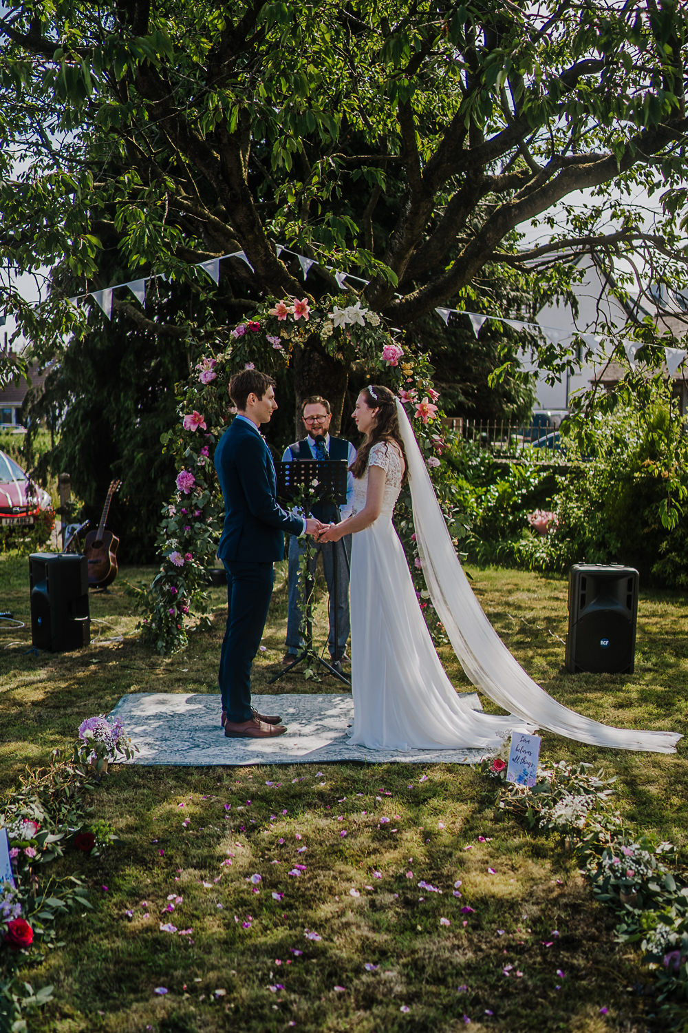 Flower Arch Bunting Ceremony Decor Backdrop Socially Distanced Wedding Tiffany Gage Photography