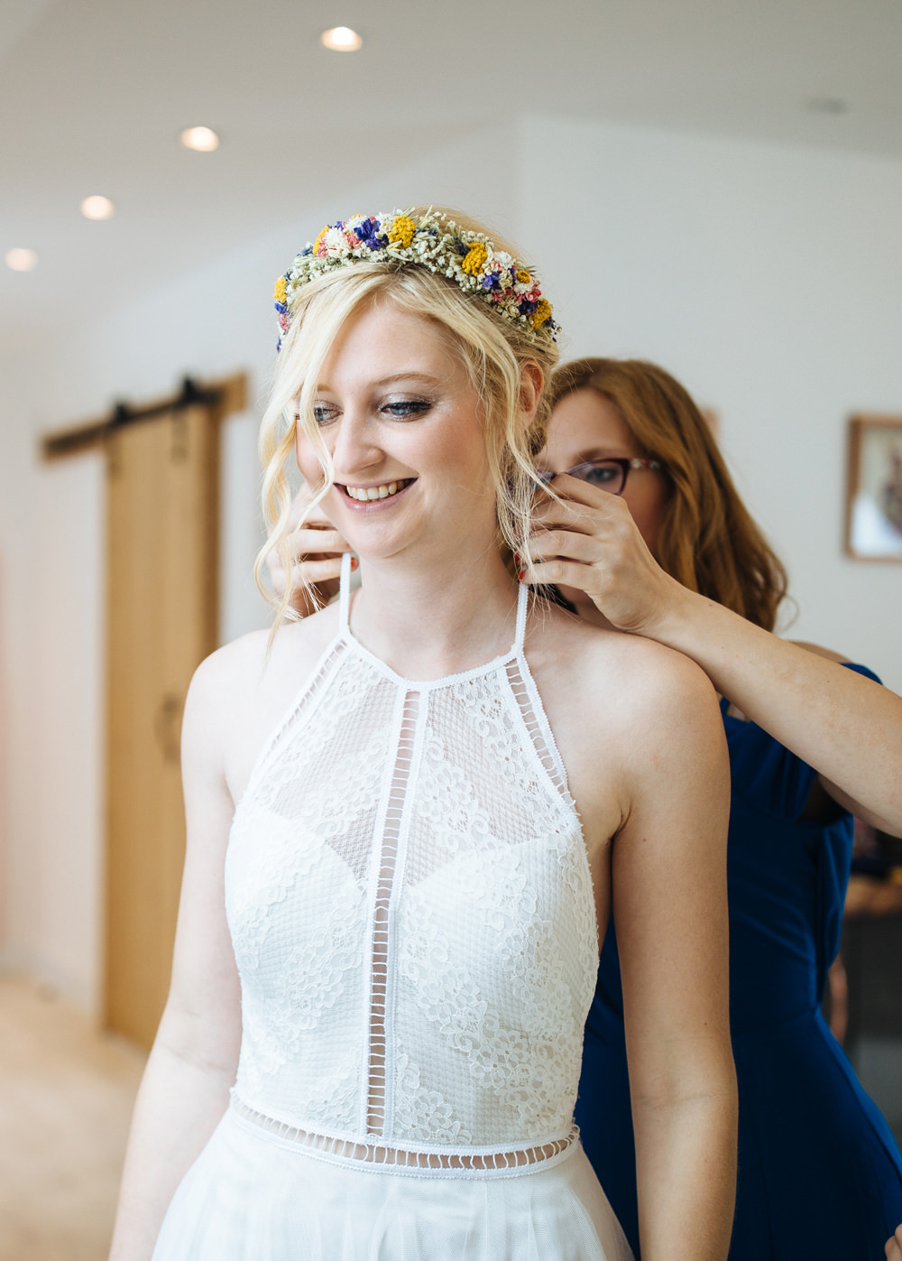 Bride Bridal Hair Style Up Do Flower Crown Two Woods Estate Wedding Laura Debourde Photography