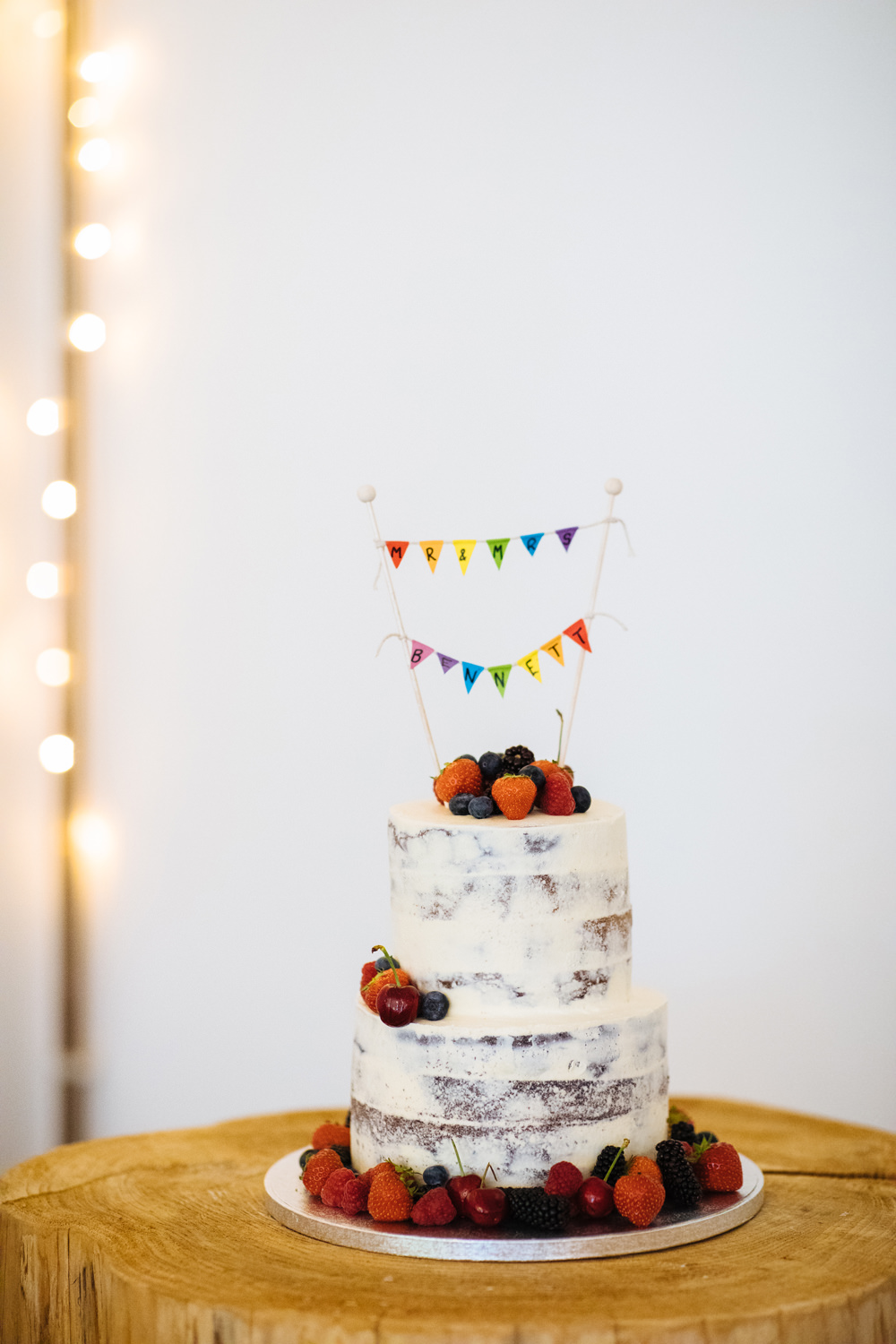 Semi Naked Cake Bunting Topper Two Woods Estate Wedding Laura Debourde Photography