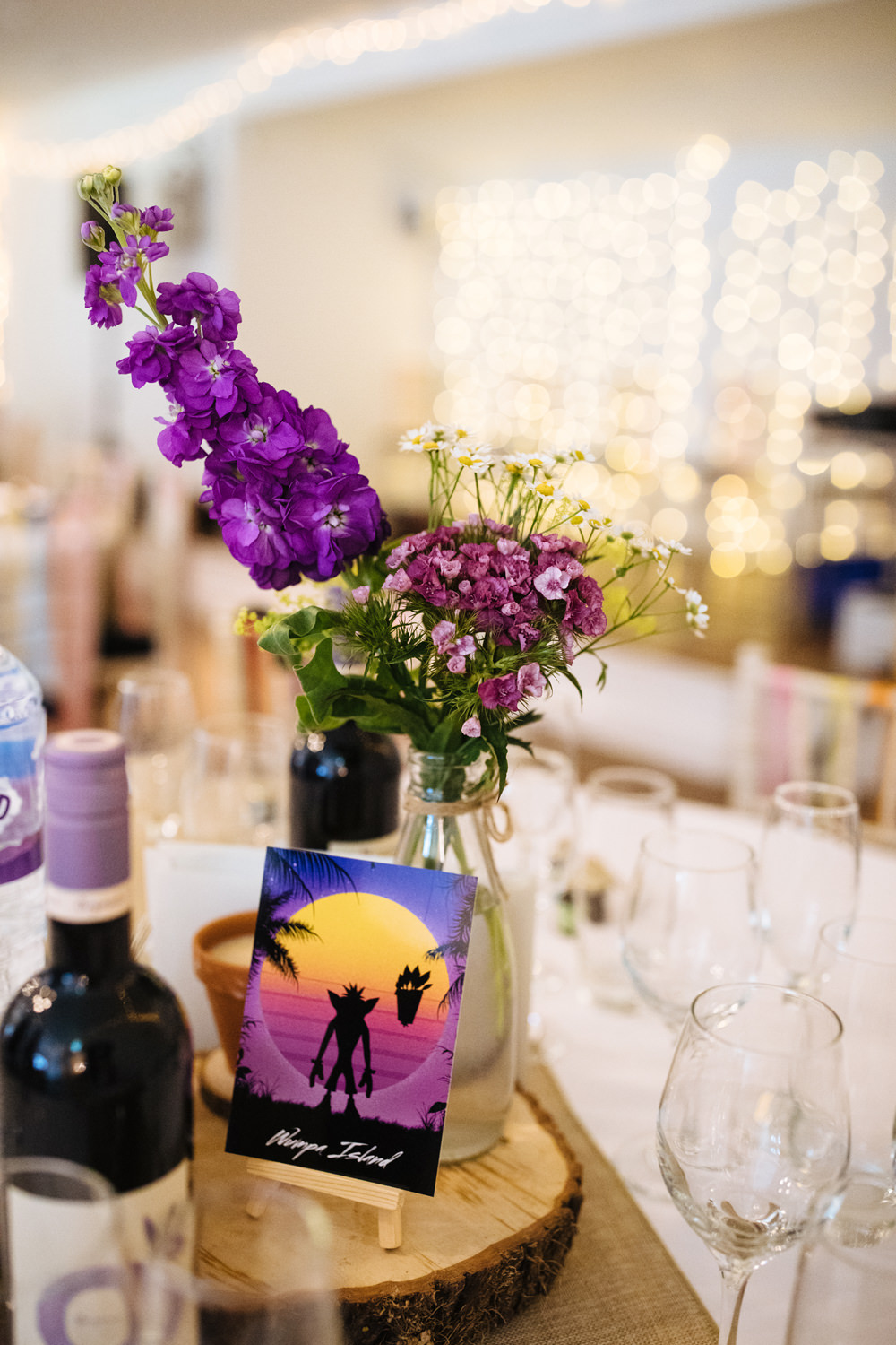 Centrepiece Decor Flowers Log Slice Table Name Two Woods Estate Wedding Laura Debourde Photography