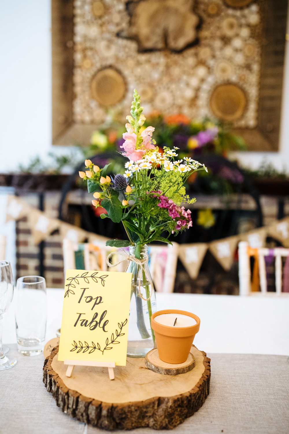 Centrepiece Decor Flowers Log Slice Table Name Two Woods Estate Wedding Laura Debourde Photography