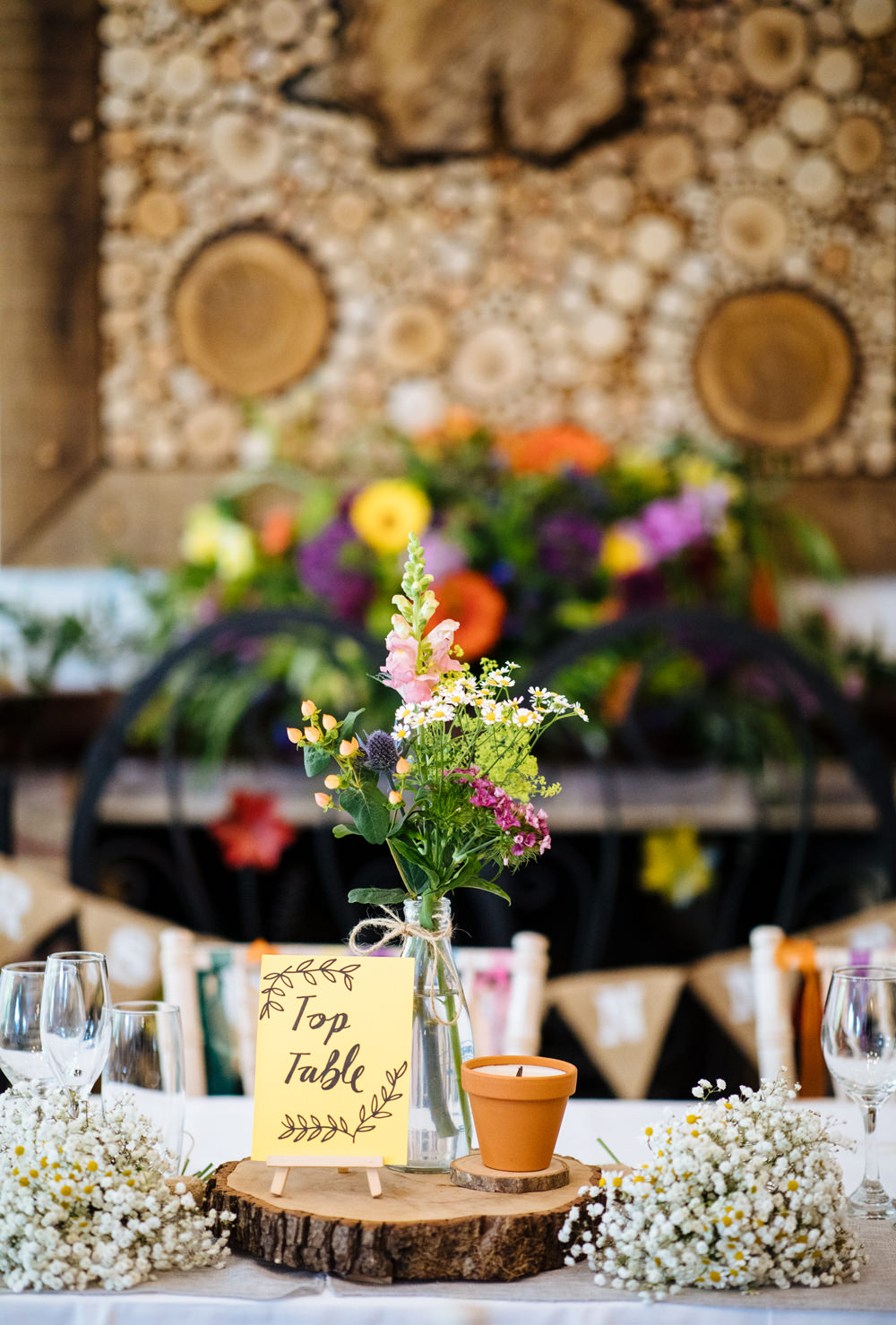 Centrepiece Decor Flowers Log Slice Table Name Two Woods Estate Wedding Laura Debourde Photography