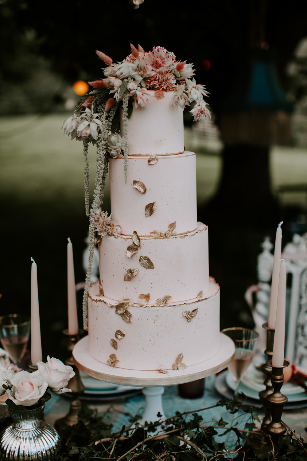 Cake Tall Iced Flowers Metallic Gold Leaves Candles Whimsical Wedding Ideas Charlotte Lucy Photography