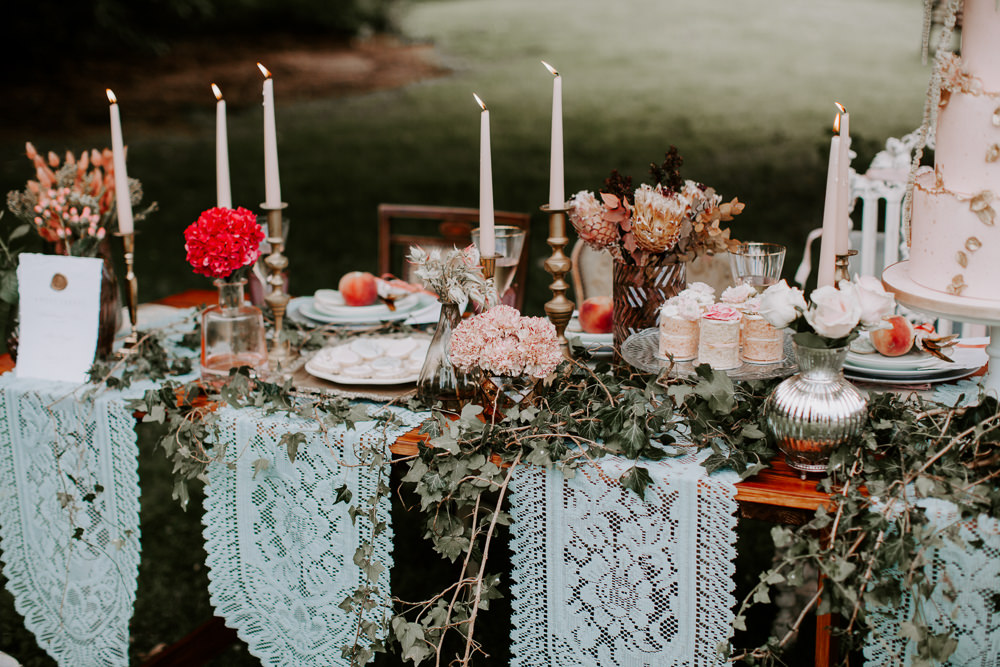 Table Tablescape Candles Ivy Festoon Lights Vintage Lampshades Table Cloths Whimsical Wedding Ideas Charlotte Lucy Photography