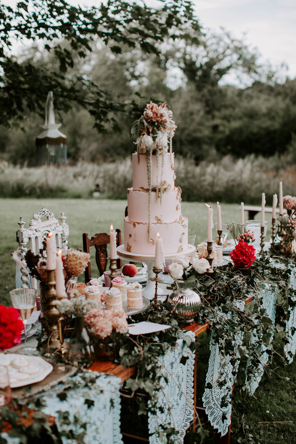 Table Tablescape Candles Ivy Festoon Lights Vintage Lampshades Table Cloths Whimsical Wedding Ideas Charlotte Lucy Photography