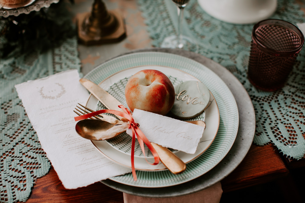 Place Setting Decor Cutlery Apple Ribbon Whimsical Wedding Ideas Charlotte Lucy Photography