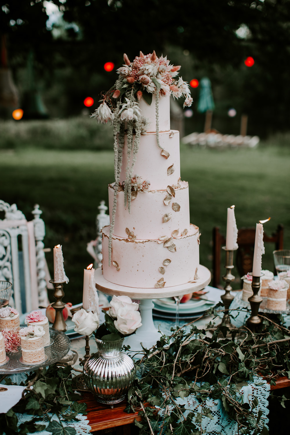 Cake Tall Iced Flowers Metallic Gold Leaves Candles Whimsical Wedding Ideas Charlotte Lucy Photography
