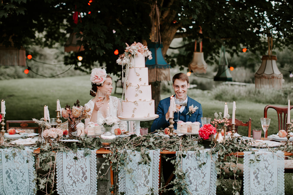 Table Tablescape Candles Ivy Festoon Lights Vintage Lampshades Table Cloths Whimsical Wedding Ideas Charlotte Lucy Photography