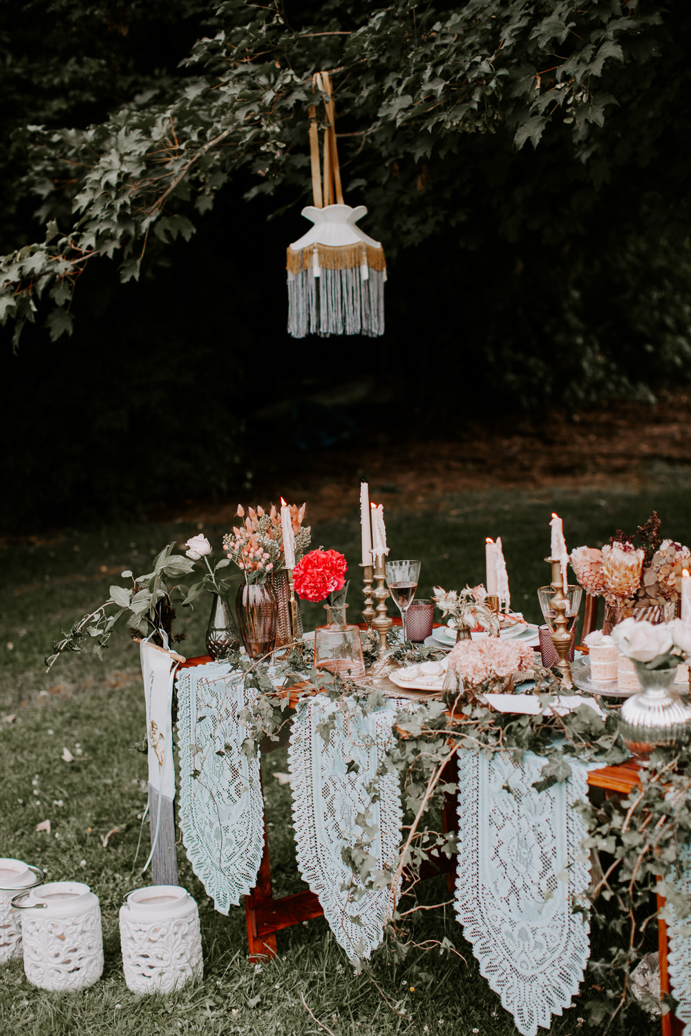 Table Tablescape Candles Ivy Festoon Lights Vintage Lampshades Table Cloths Whimsical Wedding Ideas Charlotte Lucy Photography