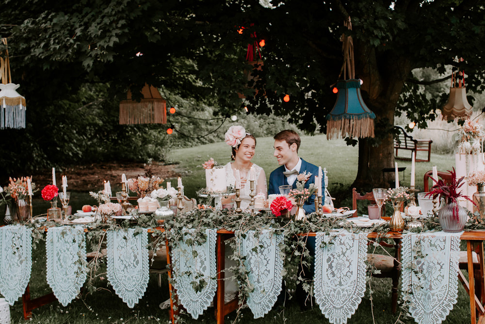 Table Tablescape Candles Ivy Festoon Lights Vintage Lampshades Table Cloths Whimsical Wedding Ideas Charlotte Lucy Photography