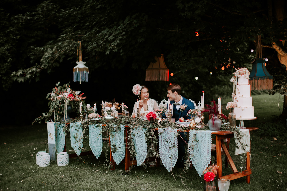 Table Tablescape Candles Ivy Festoon Lights Vintage Lampshades Table Cloths Whimsical Wedding Ideas Charlotte Lucy Photography