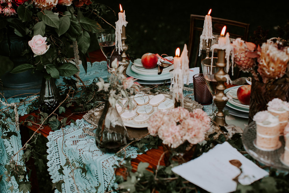 Table Tablescape Candles Ivy Festoon Lights Vintage Lampshades Table Cloths Whimsical Wedding Ideas Charlotte Lucy Photography