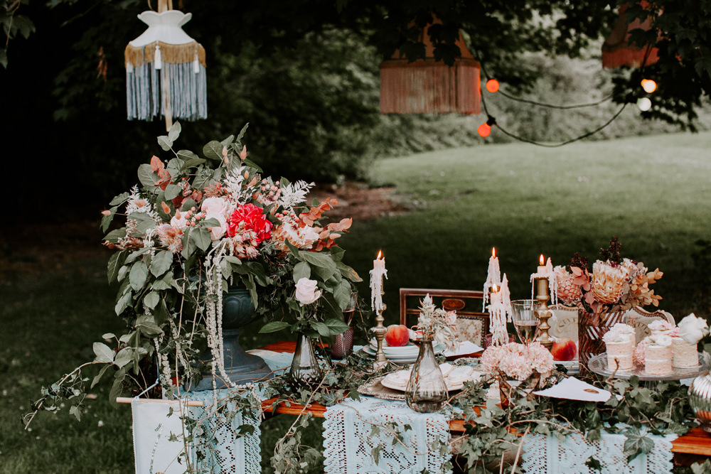 Table Tablescape Candles Ivy Festoon Lights Vintage Lampshades Table Cloths Whimsical Wedding Ideas Charlotte Lucy Photography
