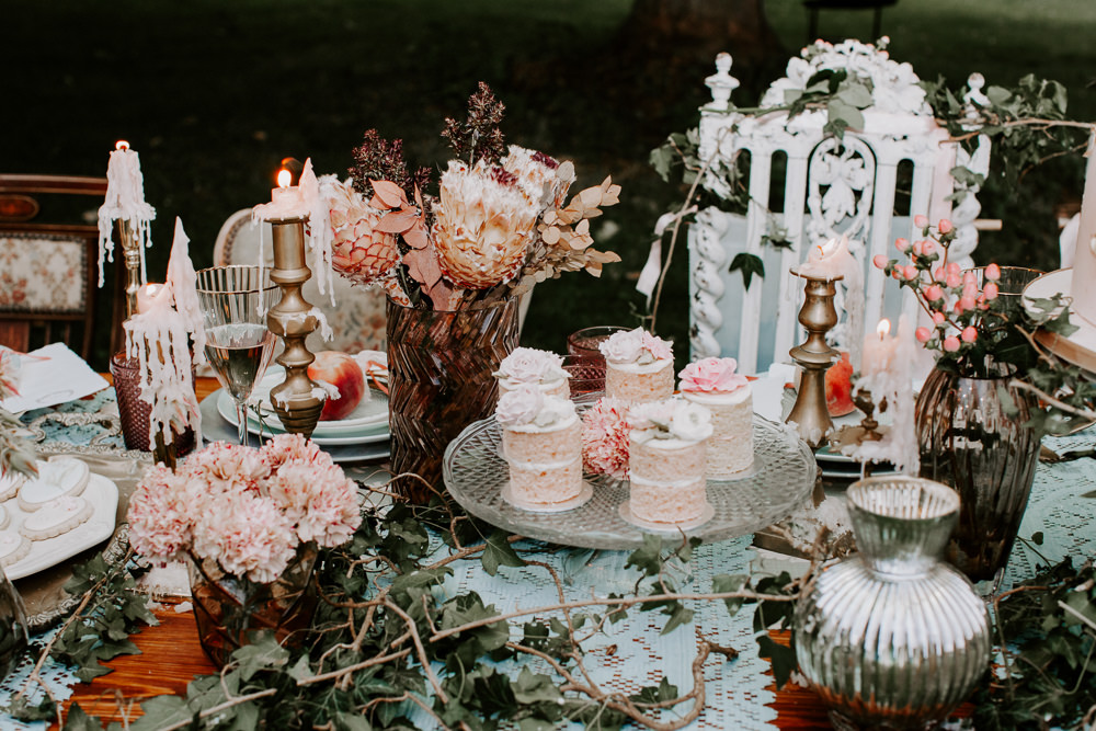 Table Tablescape Candles Ivy Festoon Lights Vintage Lampshades Table Cloths Whimsical Wedding Ideas Charlotte Lucy Photography