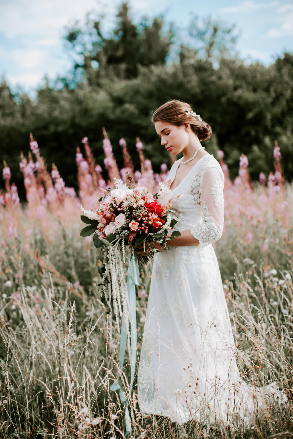 Bouquet Flowers Bride Bridal Red Pink Rose Ribbons Hydrangea Berries Whimsical Wedding Ideas Charlotte Lucy Photography