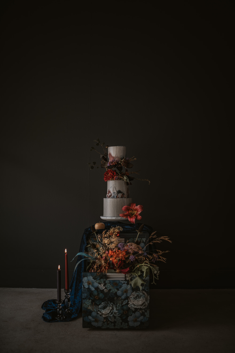 Tall Cake Painted Flowers Texture Grey Art Wedding Ideas Tom Halliday Photography