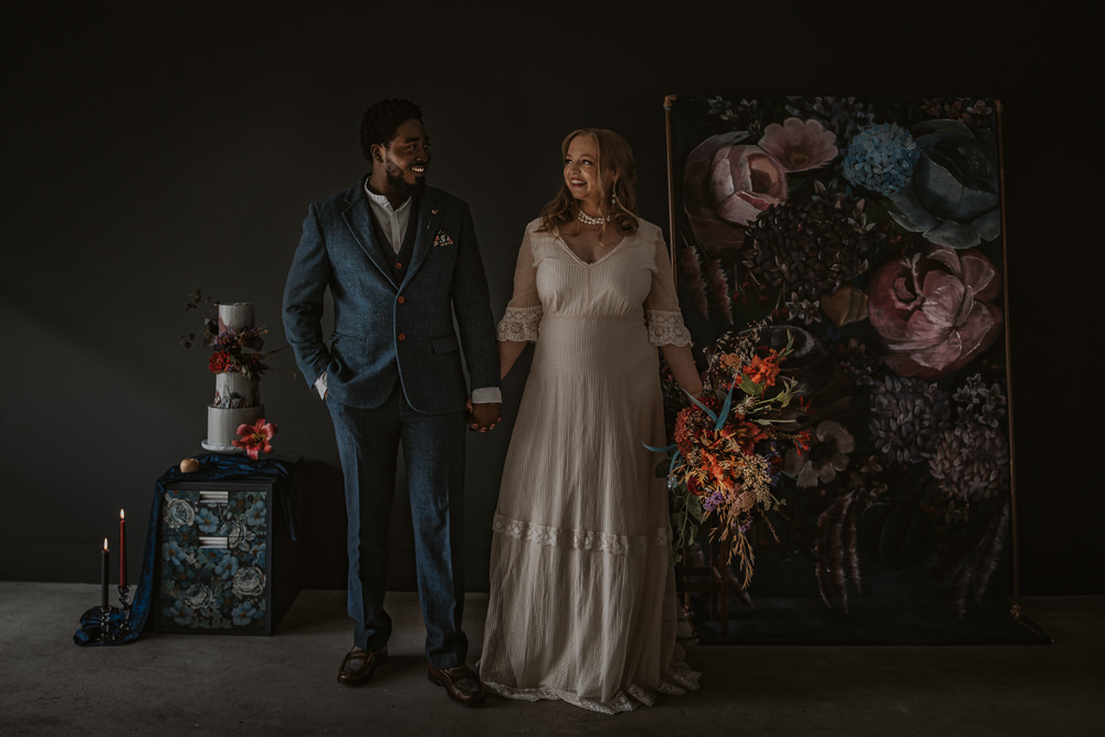 Art Wedding Ideas Tom Halliday Photography Backdrop Floral Painted Flowers Opulent Dramatic Navy Burgundy