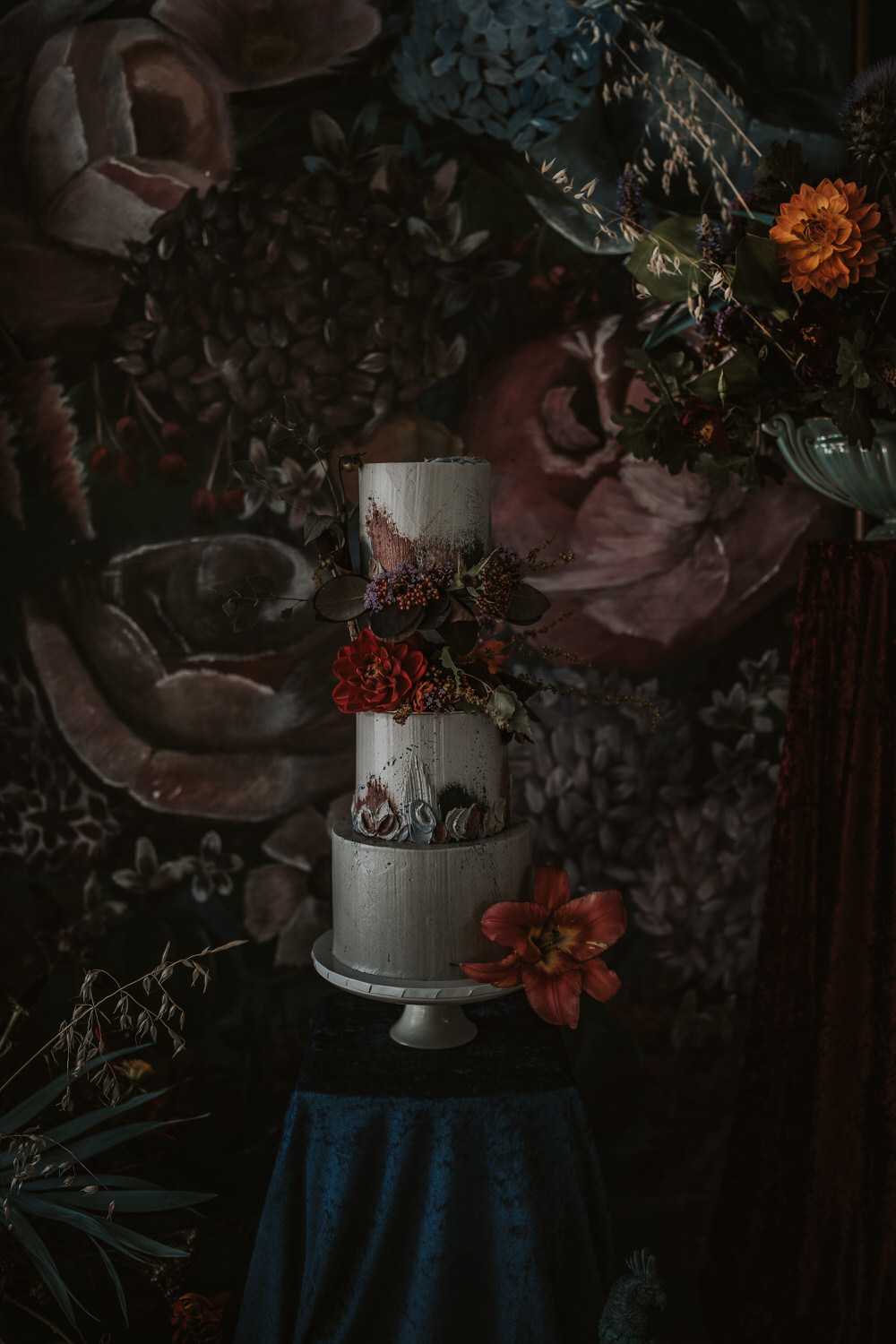 Tall Cake Painted Flowers Texture Grey Art Wedding Ideas Tom Halliday Photography