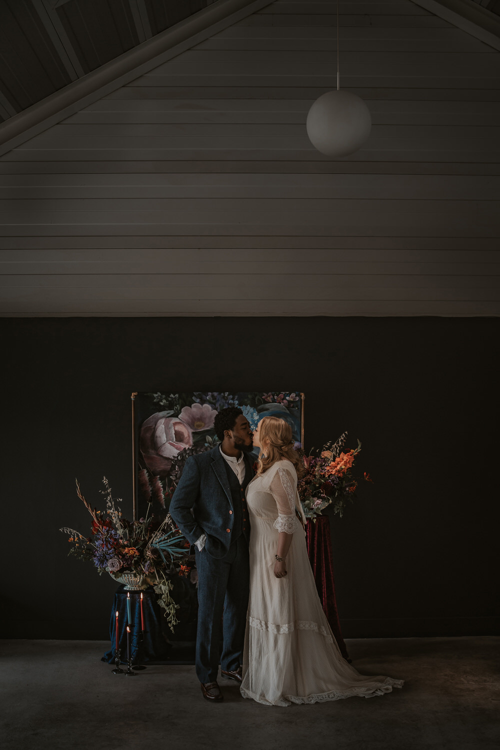 Art Wedding Ideas Tom Halliday Photography Backdrop Floral Painted Flowers Opulent Dramatic Navy Burgundy