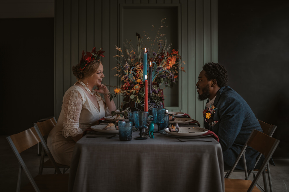 Flowers Centrepiece Decor Table Candles Jewel Tones Burgundy Blue Orange Art Wedding Ideas Tom Halliday Photography
