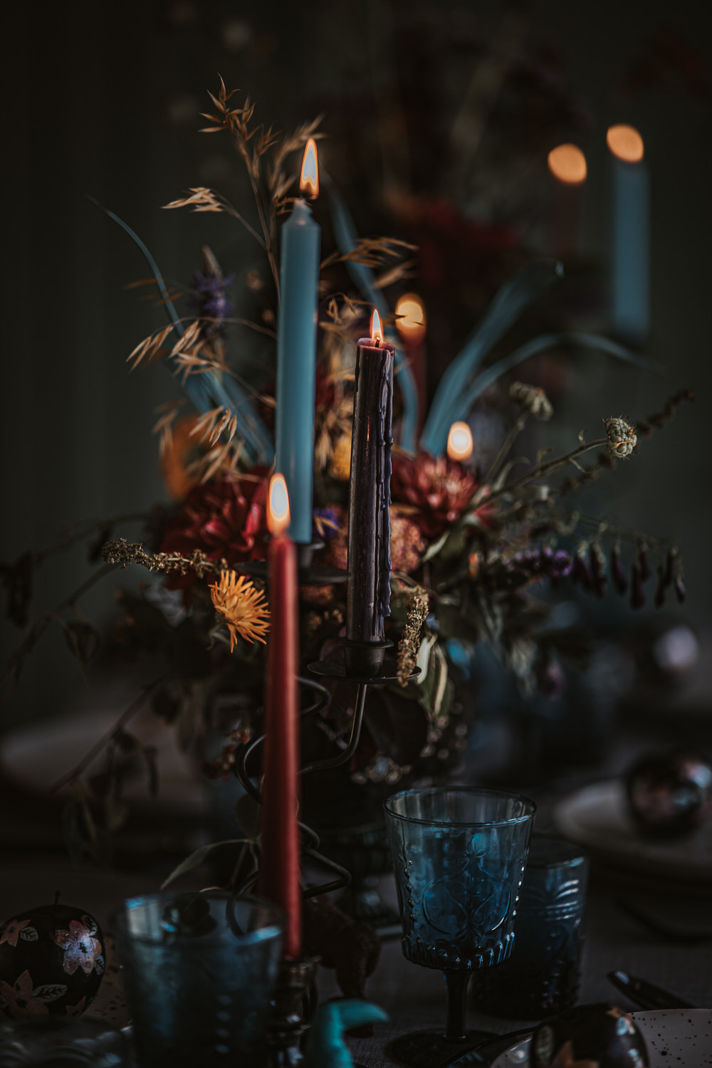 Flowers Centrepiece Decor Table Candles Jewel Tones Burgundy Blue Orange Art Wedding Ideas Tom Halliday Photography