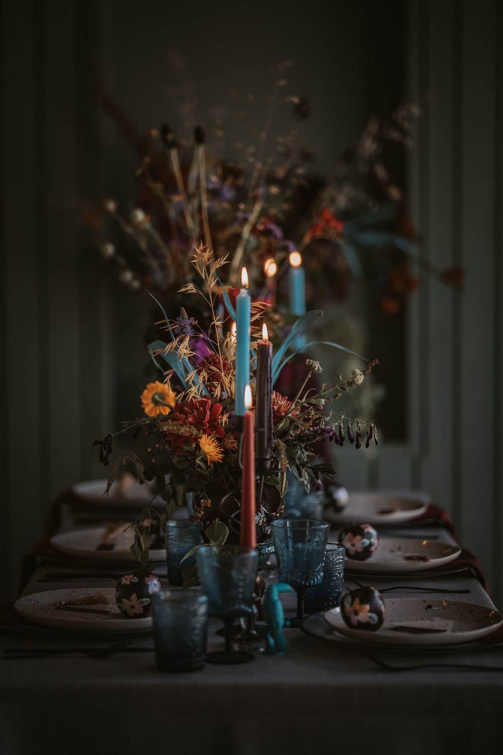 Flowers Centrepiece Decor Table Candles Jewel Tones Burgundy Blue Orange Art Wedding Ideas Tom Halliday Photography