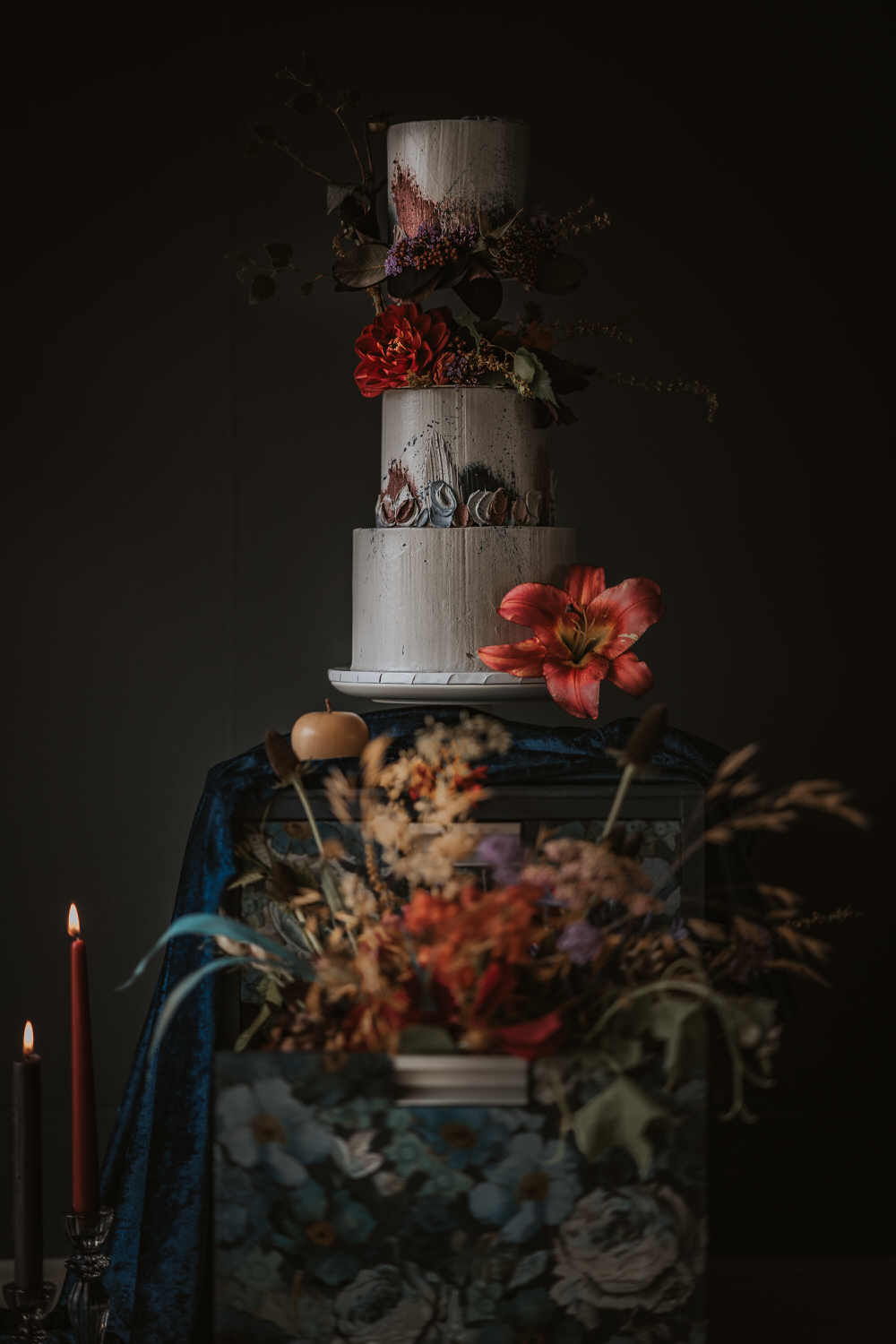 Tall Cake Painted Flowers Texture Grey Art Wedding Ideas Tom Halliday Photography