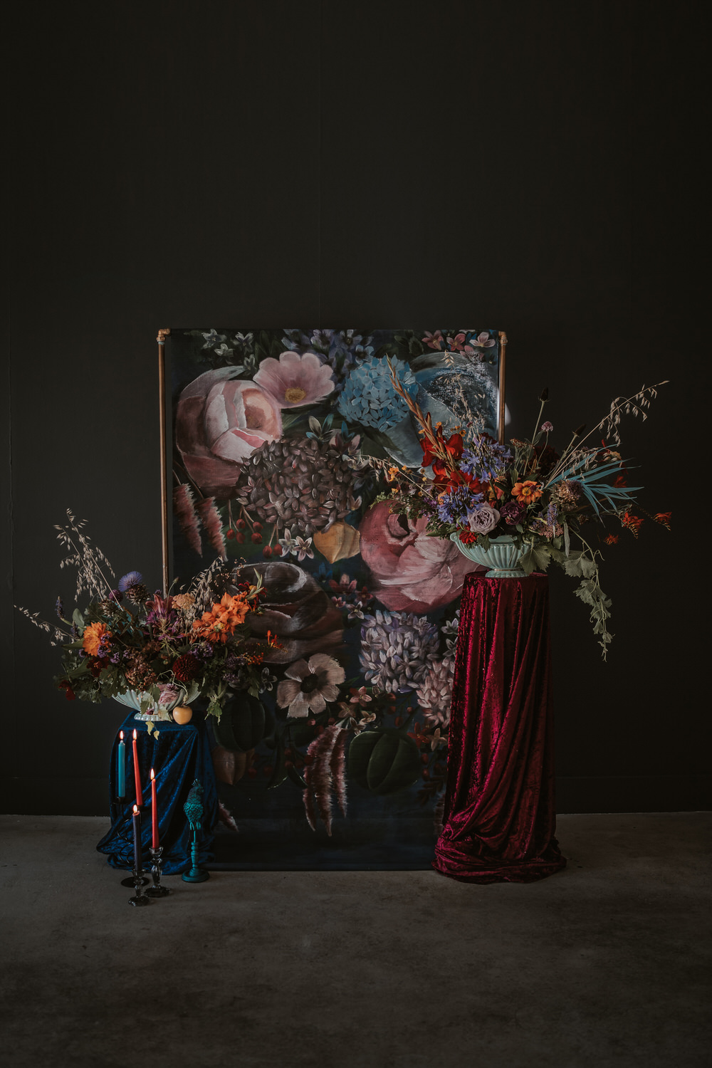 Backdrop Floral Painted Flowers Opulent Dramatic Navy Burgundy Art Wedding Ideas Tom Halliday Photography
