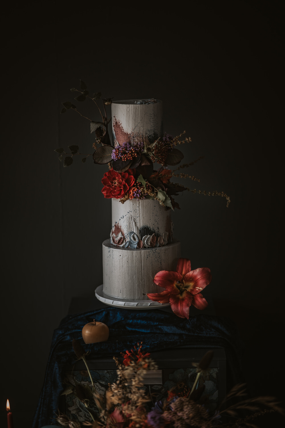 Tall Cake Painted Flowers Texture Grey Art Wedding Ideas Tom Halliday Photography