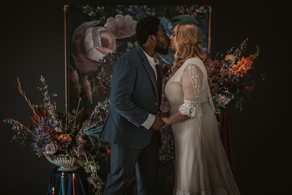 Art Wedding Ideas Tom Halliday Photography Backdrop Floral Painted Flowers Opulent Dramatic Navy Burgundy