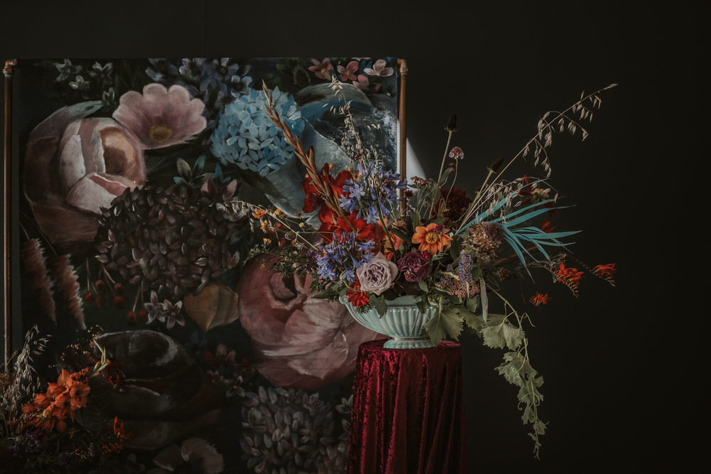 Backdrop Floral Painted Flowers Opulent Dramatic Navy Burgundy Art Wedding Ideas Tom Halliday Photography